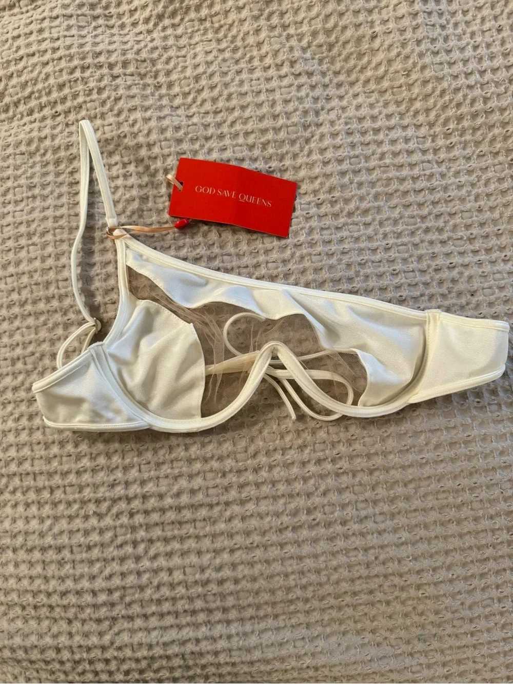 NEW God Save Queens Gigi Bikini Top White Asymmetrical One Shoulder Mesh XS NWT